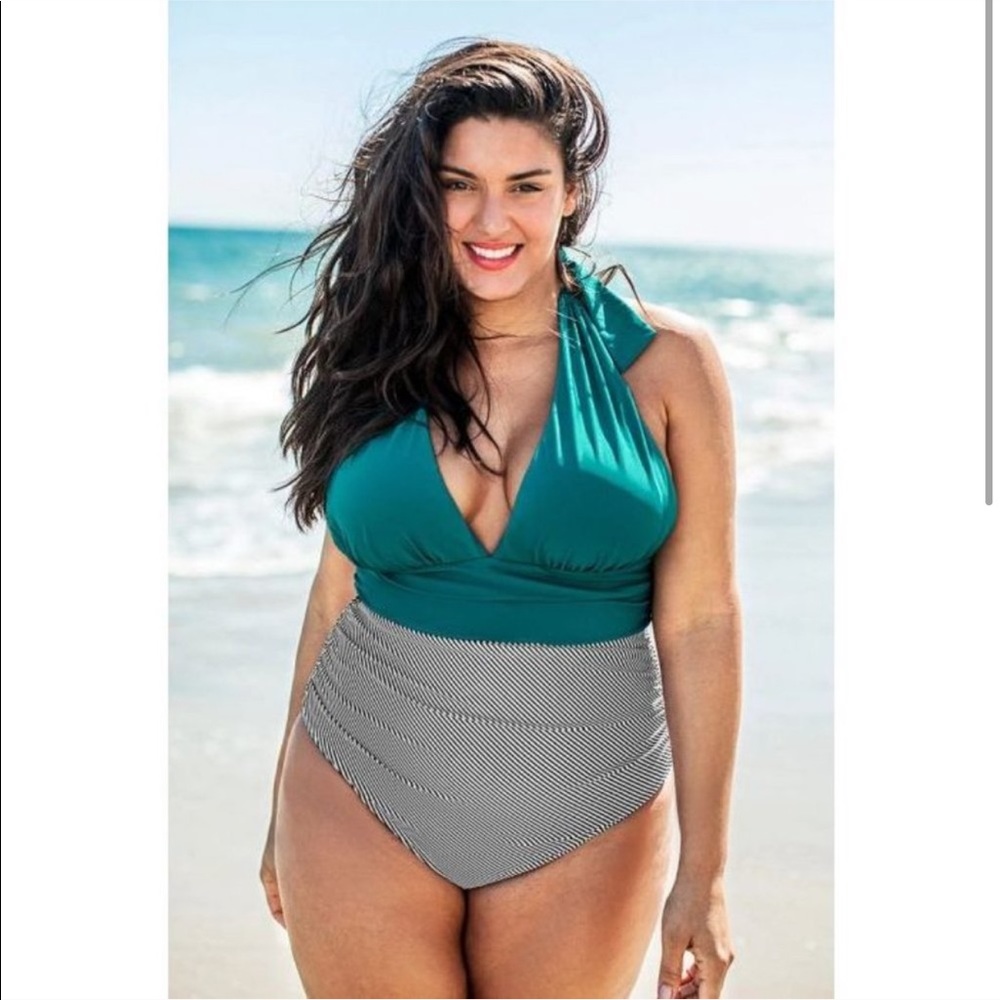 Halter - One Piece Swimsuit - Blue Top/Stripe